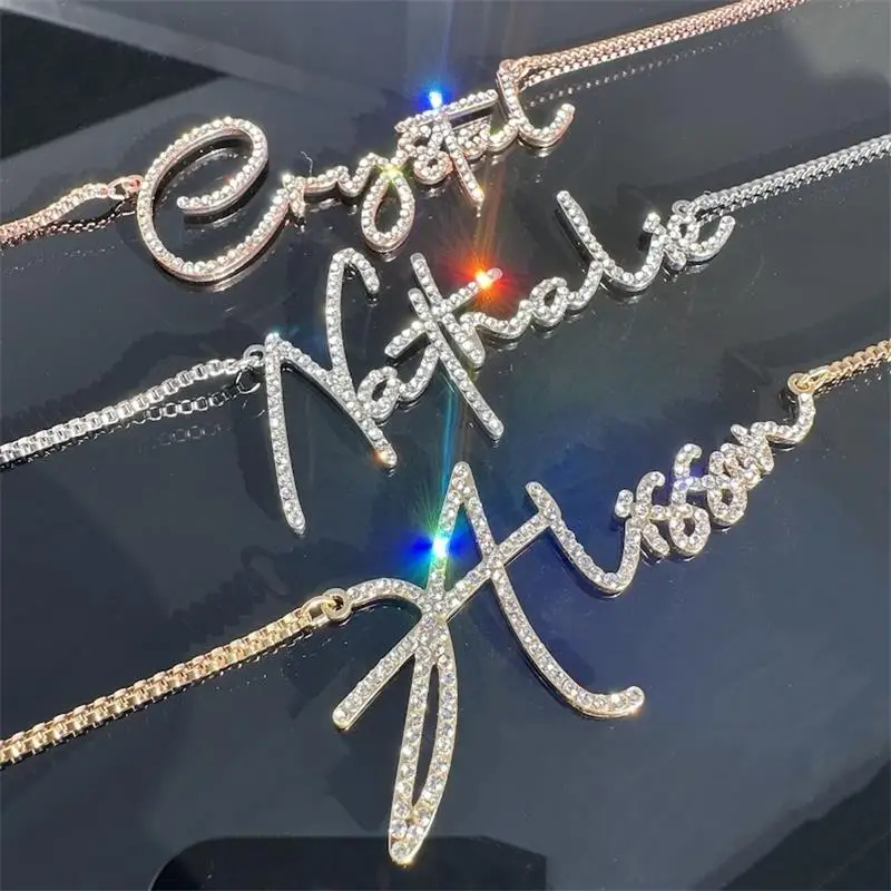 Uwin Custom Signature Crystal Stainless Steel Name Choker Personalized Letters Pendant Box Chain Necklace For Women Jewelry