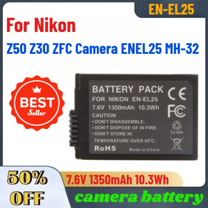 

7.6V 1350mAh 10.3Wh EN-EL25 Rechargeable Camera Battery For Nikon Z50 Z30 ZFC Camera ENEL25 MH-32