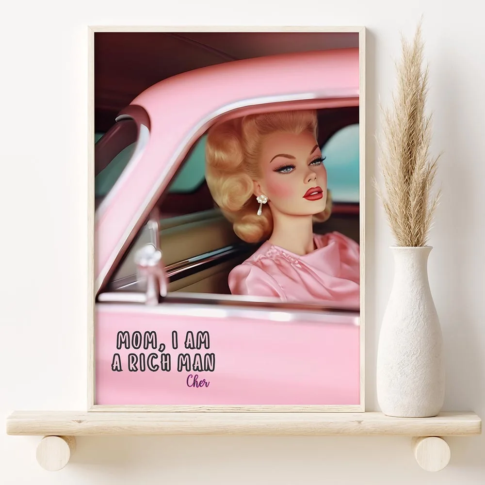Funny Doll Wall Art Pink Rich Girl Canvas Painting Preppy Room Girly Poster Canvas Prints For Bar Cart Home Decor Unframed