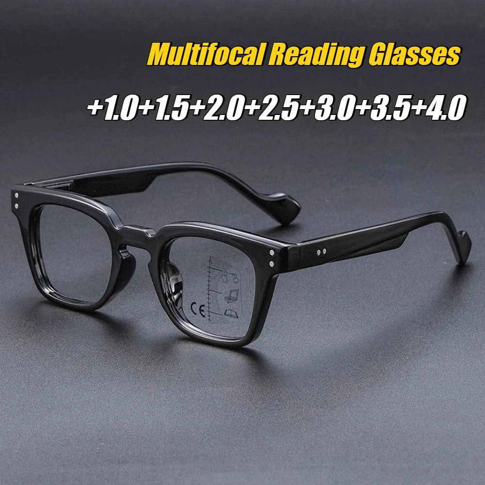 

Men's Square-Frame Multifocal Presbyopia Glasses Unisex Blue Light Blocking Glasses Progressive Multifocal Reading Glasses +4.0
