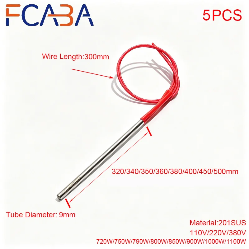 FCABA Cylindrical Tubular Heater 5PCS 9mm 320~500mm 201SUS Mould Single End Heating Element 110/220V/380V Plastic Molding Heater