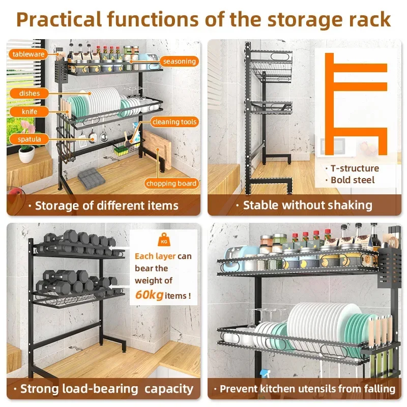 Kitchen Storage Shelf Above The Sink Bowl Draining Rack Multifunctional Dish Knife Rag Spoons Sink Rack Set Countertop Organizer