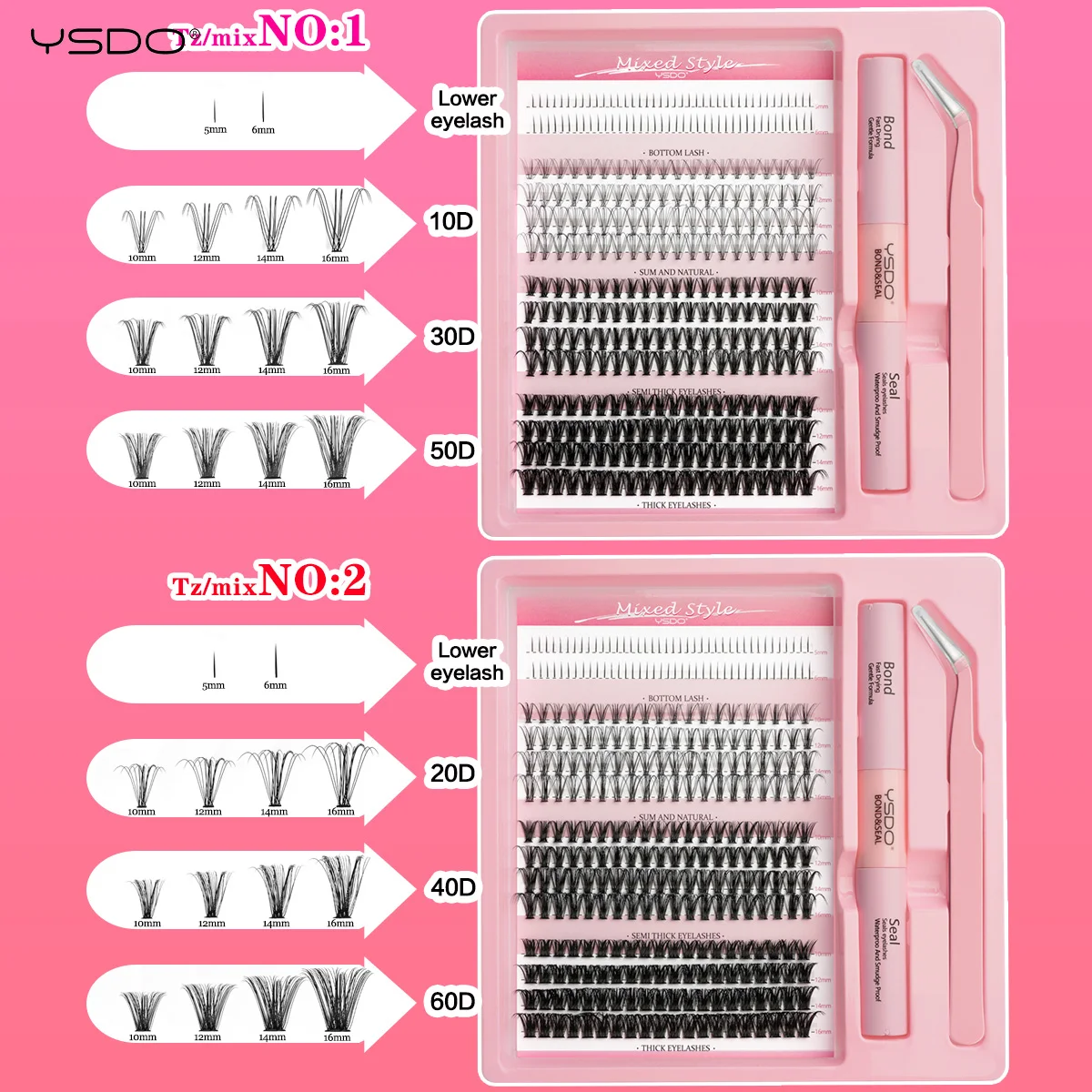 YSDO DIY Wimpernverlängerungsset 14/32P Einzelwimpern-Set Cluster D Curl 9-16mm Mix 30D-120D Wimperncluster mit Bindung und Dichtung – Detail 7