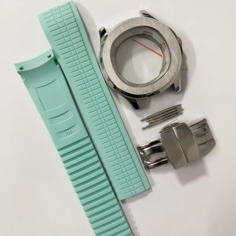 Para acessórios de montagem de movimento nh35 caixa de granada + pulseira de borracha + conjunto de fivela safira se encaixa no mostrador de 32mm