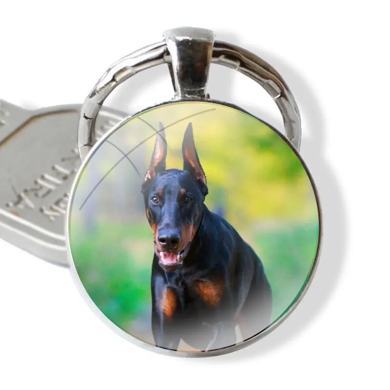 Black animal Doberman Pinscher Dog Glass Metal Pendant Key Chain Classic Men Women Key Ring Accessories Jewelry Gifts