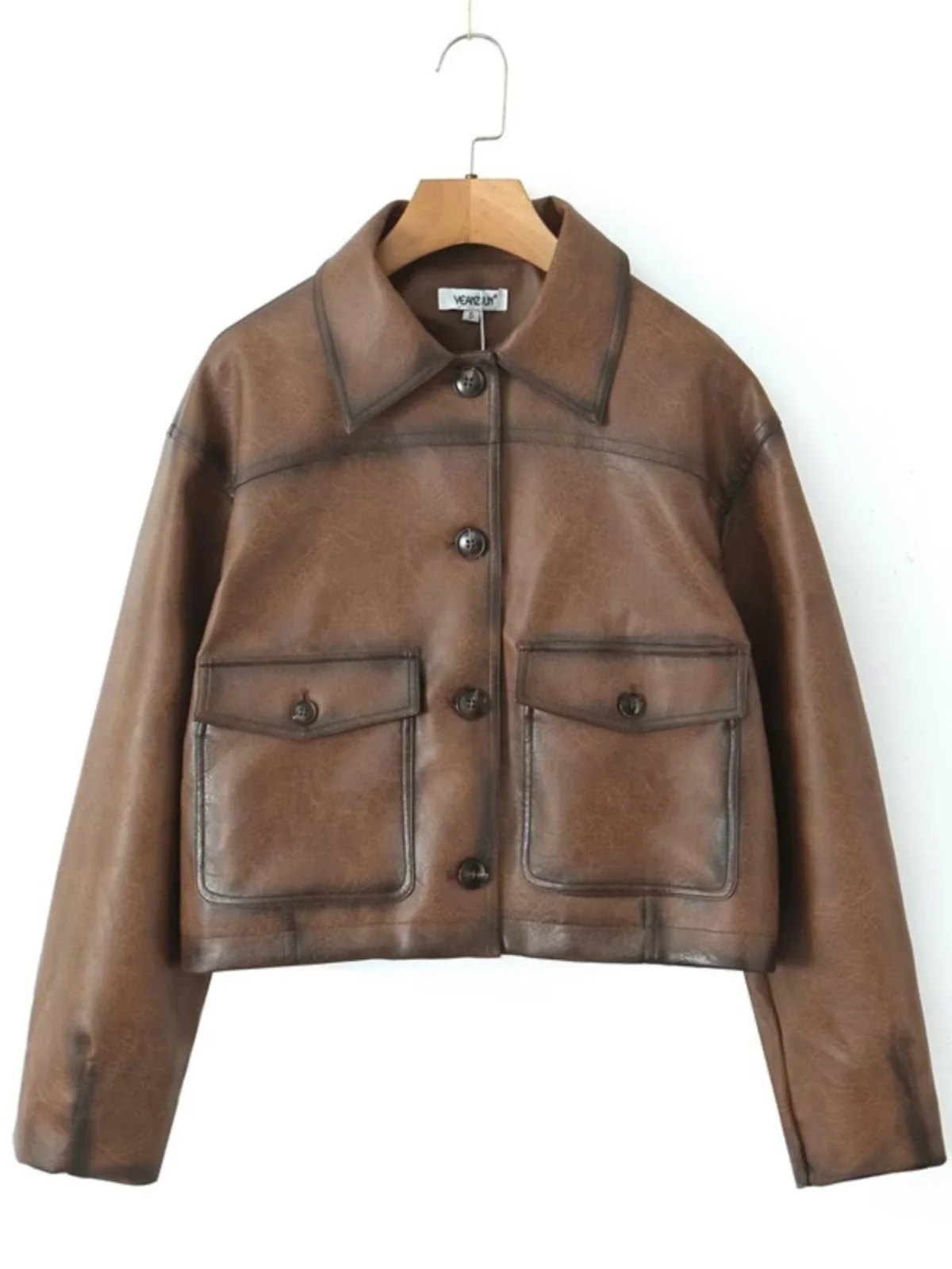 Retro Amerikaanse oliewas lederen biker Sle ort Jaet Brown Queen Faion streetwear lente normaal dun recht gesneden