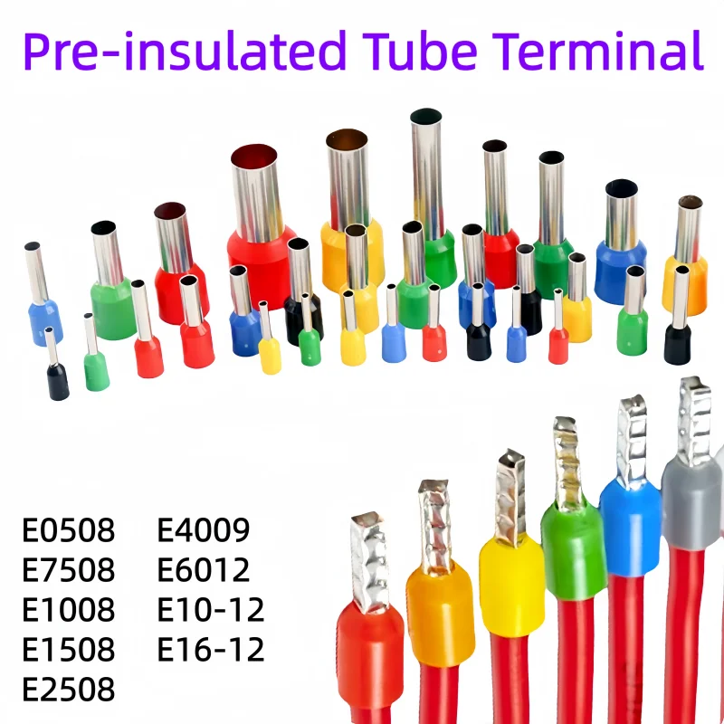 100pcs/Pack E0508 E7508 E1008 E1508 E2508 Insulated Ferrules Terminal Block Cord End Wire Connector Electrical Crimp Terminator