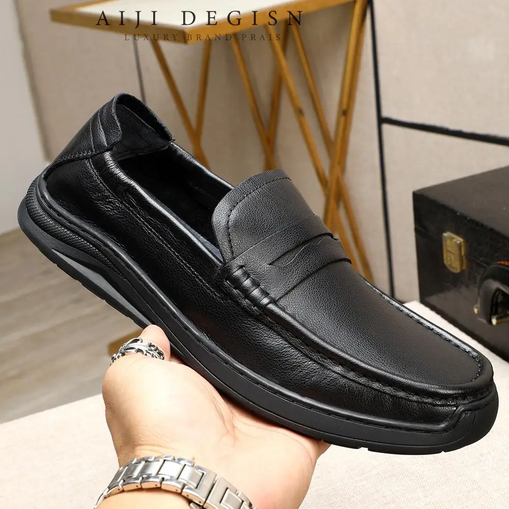 

Retro All Genuine Leather Men's Shoes Casual Cowhide Shoes Black Loafers, work shoes for the elderly