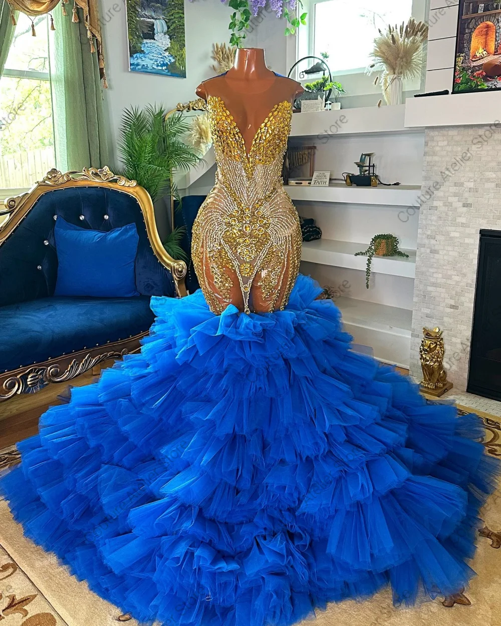 Dos nu bleu Royal Train robes de bal or cristal perles noir fille sirène robe de mariée africaine Sexy Cocktail personnalisé