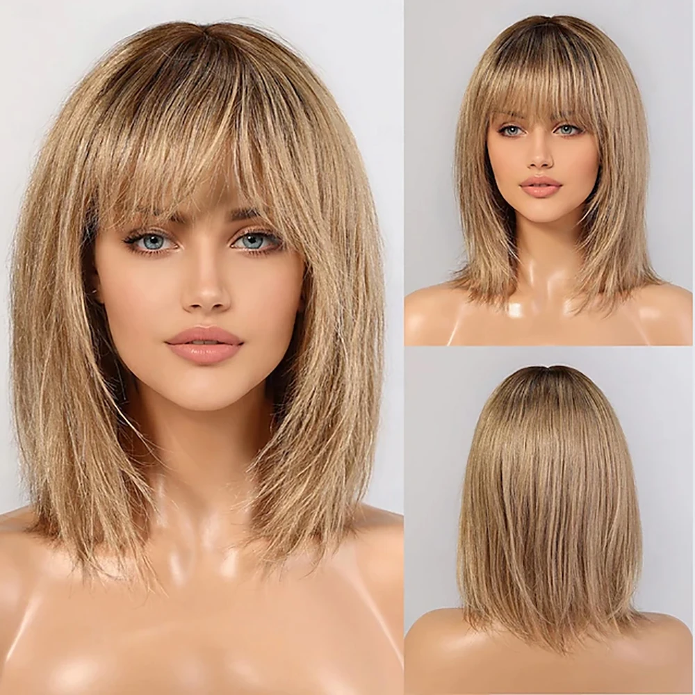 

HAIRJOY Women Synthetic Hair Wig Straight With Bangs Short Straight Ombre Blonde Wigs for Daily Use