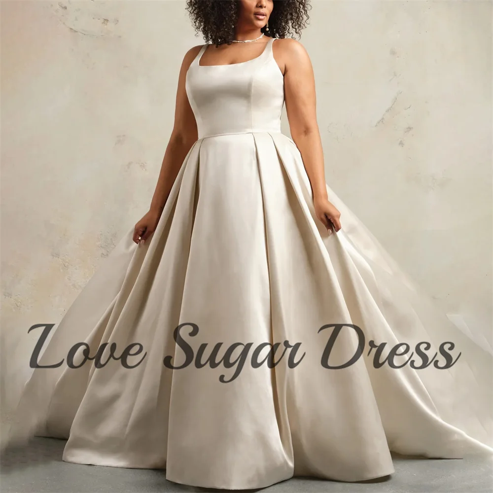 

Plus Size Wedding Dresses With Pockets A Line Long Train Bridal Gowns Elegant Square Neck Back Button Bride Dress robe de mariée