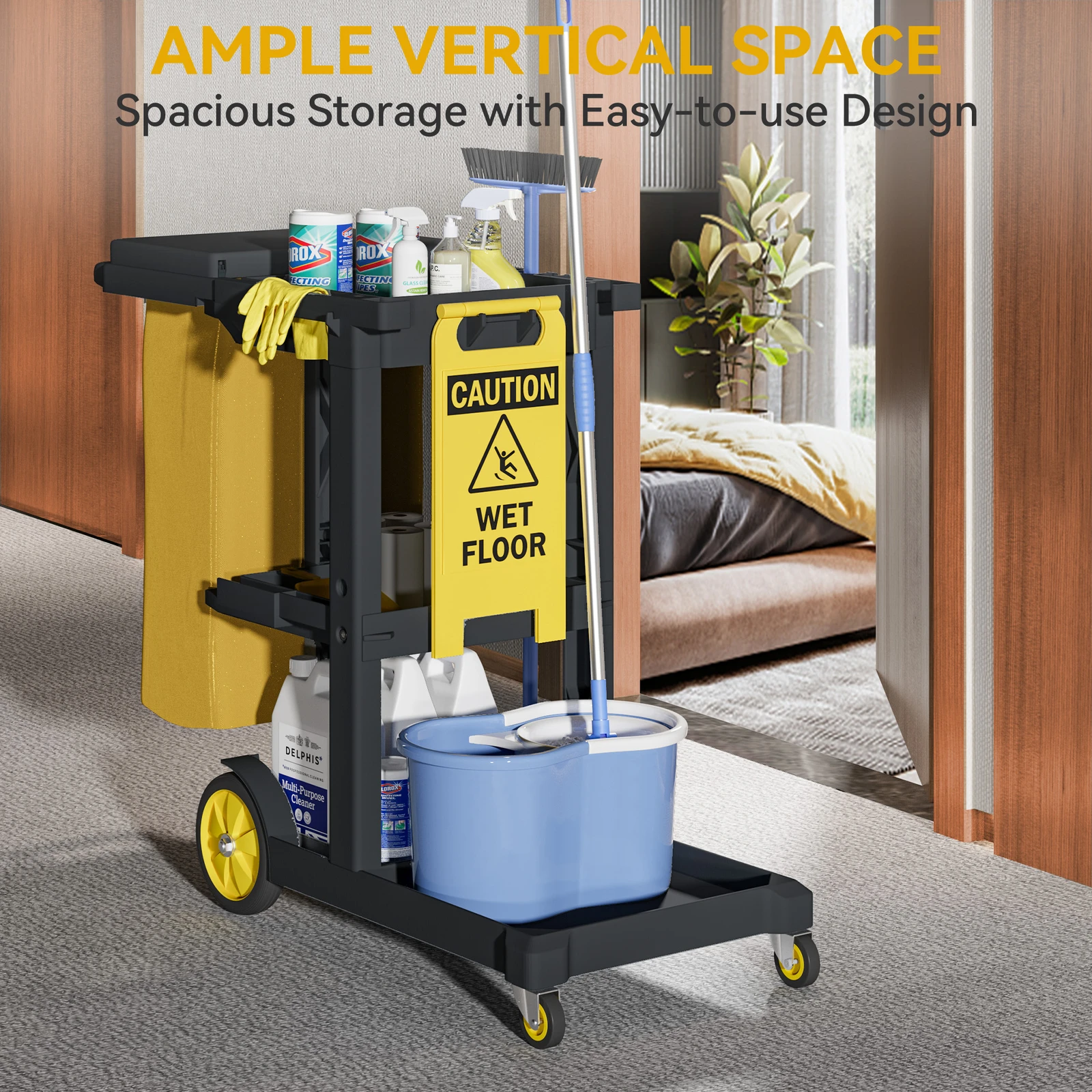 

3-Shelf Cleaning Cart Commercial Traditional Janitorial Cart w/PVC Bag