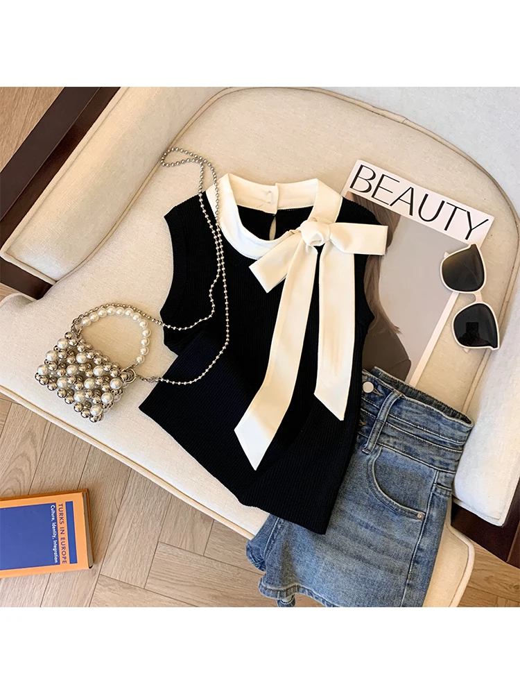 Summer Women Old Money Cute Core Bow French Vintage Knit Tank Top Contrast Color Gyaru Crop Sweater Kamizelka bez rękawów Slim Elegant