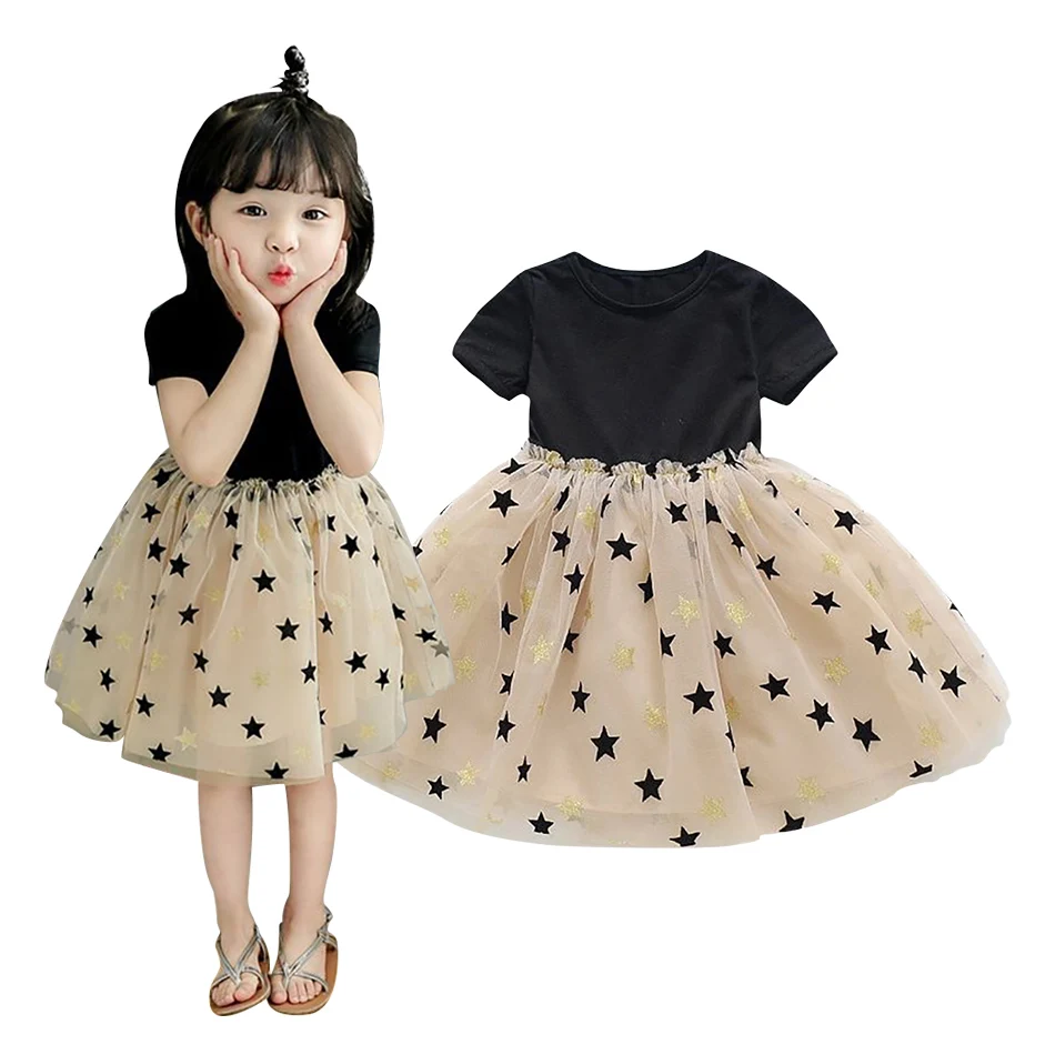 Girls' Summer Short Sleeved Black Pentagram Dress Children's  Casual Versatile Fashionable Sweet Princess Mesh Fluffy Dress 1-7Y