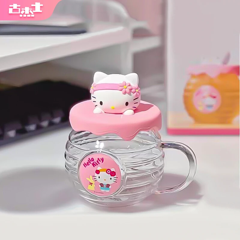 For Sanrio Kawaii Glass Cups Honey jar shape Water Cups Cartoon Kuromi& Hello Kitty& Cinnamoroll Anime Juice Milk Mug Kids Gift
