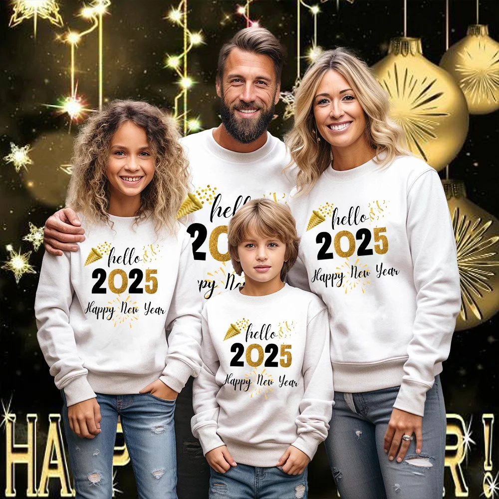 Happy New Year Hello 2025 Dad Mom Kids Sweatershirts Holiday Clothing Family Long Sleeve Shirts Family New Year Outfit