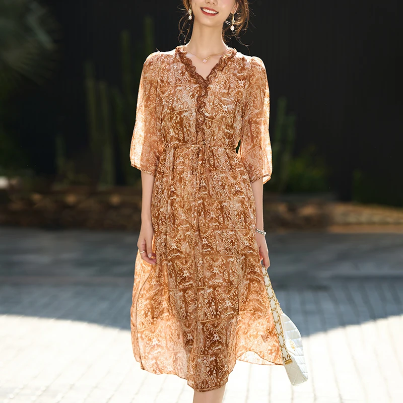 New 100% Real Silk Vintage Dresses for Women Summer 2026 Elegant V-neck Women's Print Dress A-line Holiday Woman Long Dress