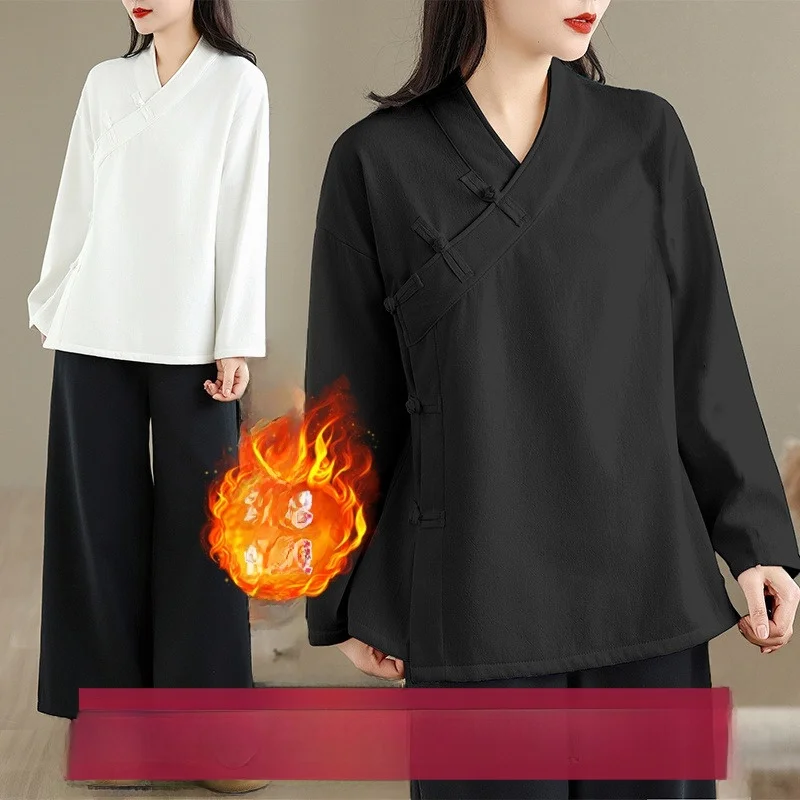 

New Chinese Sle Thiened Cotton Linen irt Pure Color Zen Buddhist Faion Women's Autumn Winter 2025 New Arrival Top