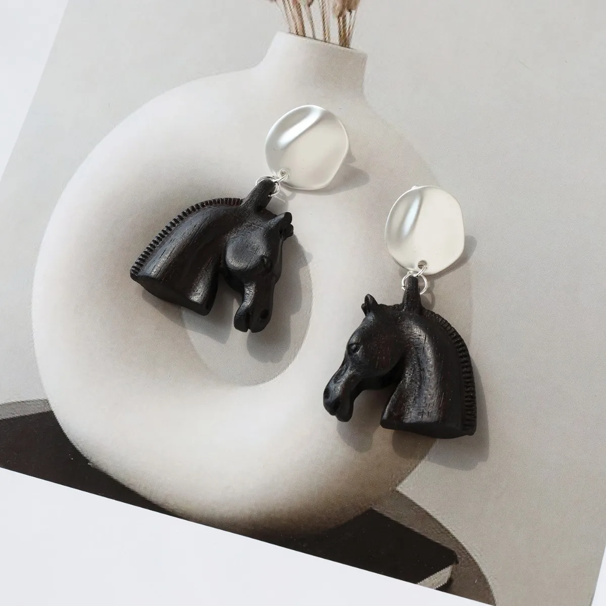 Withered Old Money Wind Wooden Relief Handmade Earrings, Good Luck In The Year Of The Horse Jewelry Earrings Women's