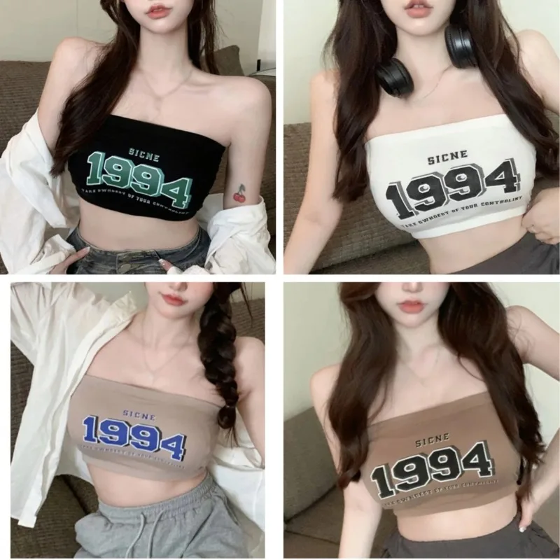 

Корейская мода, черно-белый женский топ без рукавов с буквенным принтом, летний сексуальный укороченный топ без бретелек с подкладкой для девочек, одежда Y2k