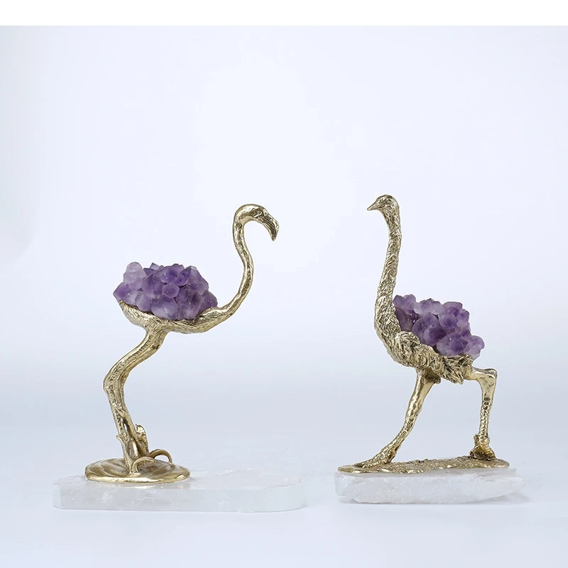 Crystal Bird Ostrich Crane Brass Simulation Animal Sculpture Art Ornament Golden Decorative Figurines Home Decor