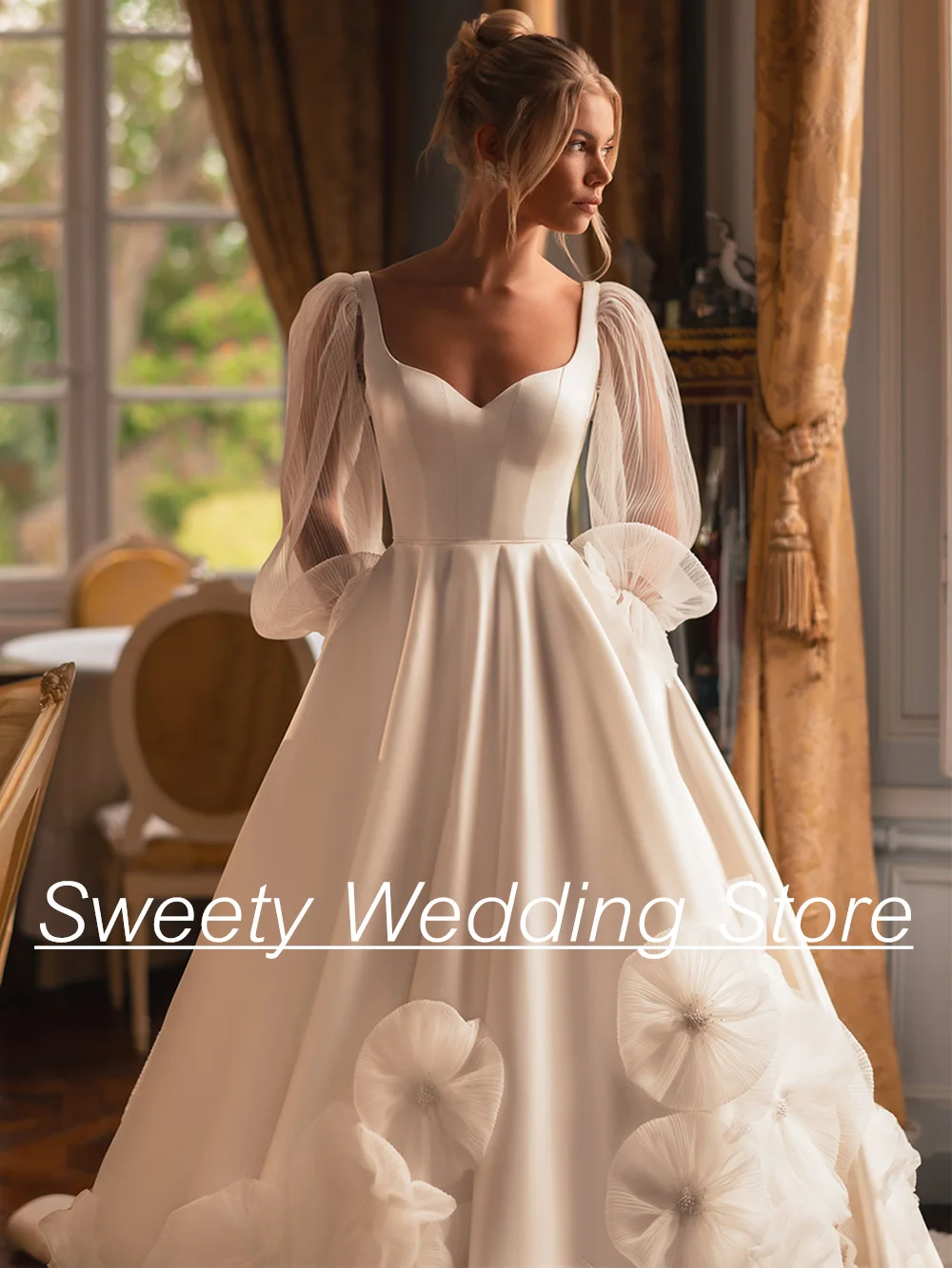 Charming Satin Wedding Dress Puff Sleeves V Neck Pleat Pearls Flowers Sweep Train Zipper Buttons Vestido De Noiva Bridal Gown