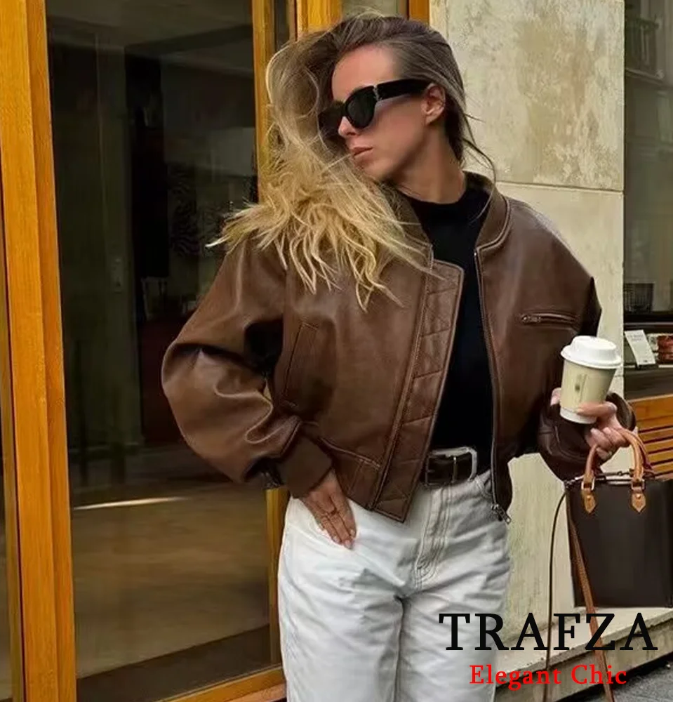 TRAFZA-Women Fashion PU Leather Jacket Zipper Pocket O-Neck Padding Jacket New 2024 Fall Winter Vintage Motor Loose Jackets