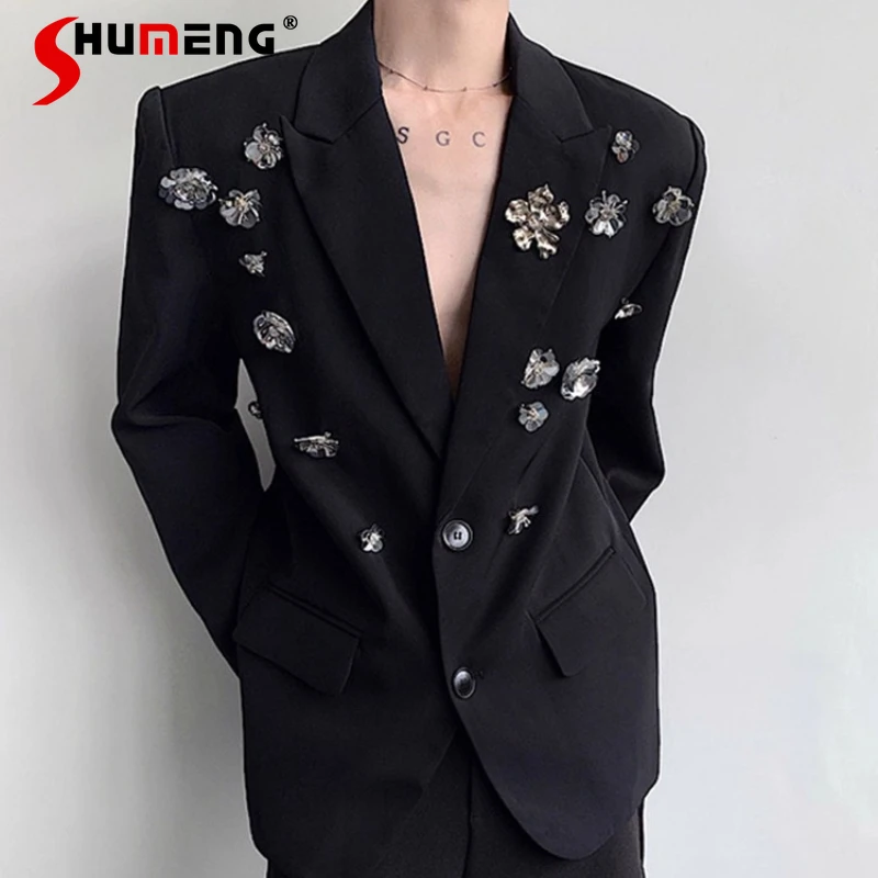 

Fashion Padded Shoulder Blazers Men 2025 Autumn New Rose Design Suit Jackets Male Long Sleeve Handsome Stylish Tailored Coats