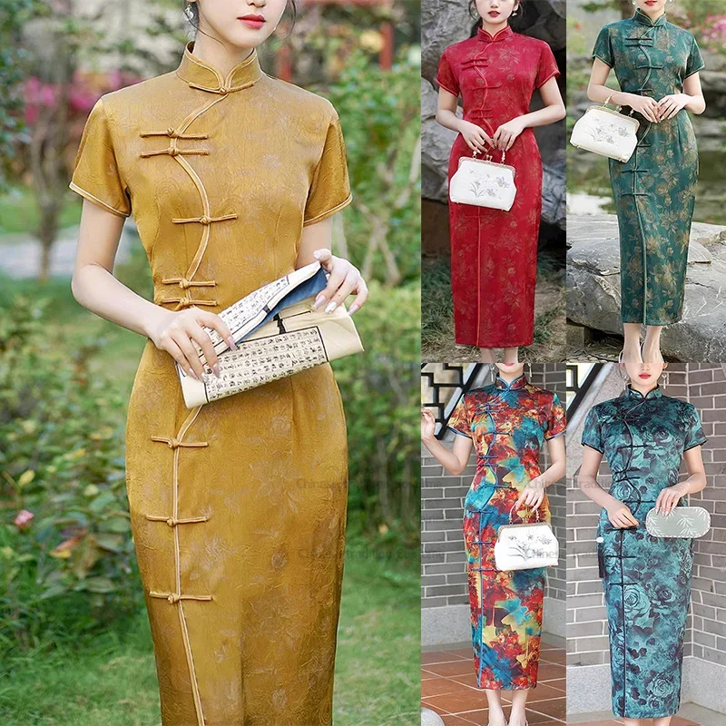 

Улучшенное китайское платье Cheongsam с принтом, женское атласное платье Qipao Mujer размера плюс 3XL 4Xl 5Xl Vestidos, длинное традиционное китайское платье