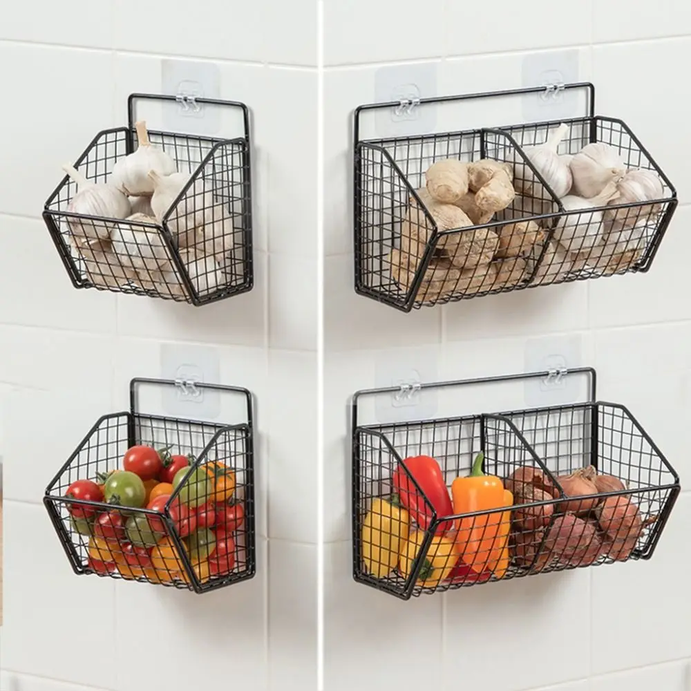 Iron Onion Gginger Garlic Kitchen Shelf Wall Hanging Condiments Spice Vegetable Fruit Storage Rack Wall Drain Basket Punch-Free