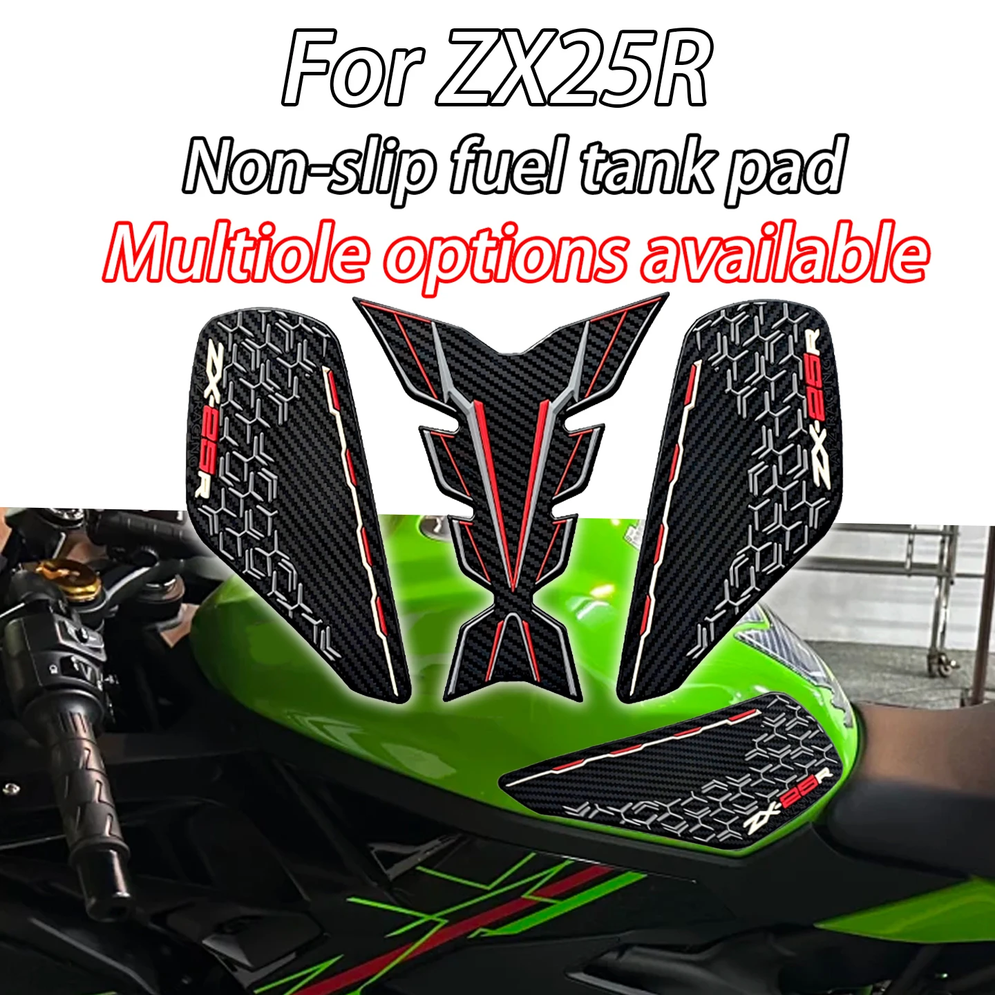 

Наклейки для мотоциклов Kawasaki ZX25R ZX25RR ZX-25R ZX-25RR: противоскользящие накладки на бак, защитные наклейки для руля и боковые декали на бак.