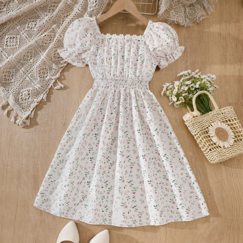 

EWChildren's Clothing New Summer Dress for Girls with Puff Sleeves, Printed Design, and Waist-Cinching Casual StyleDQ2210