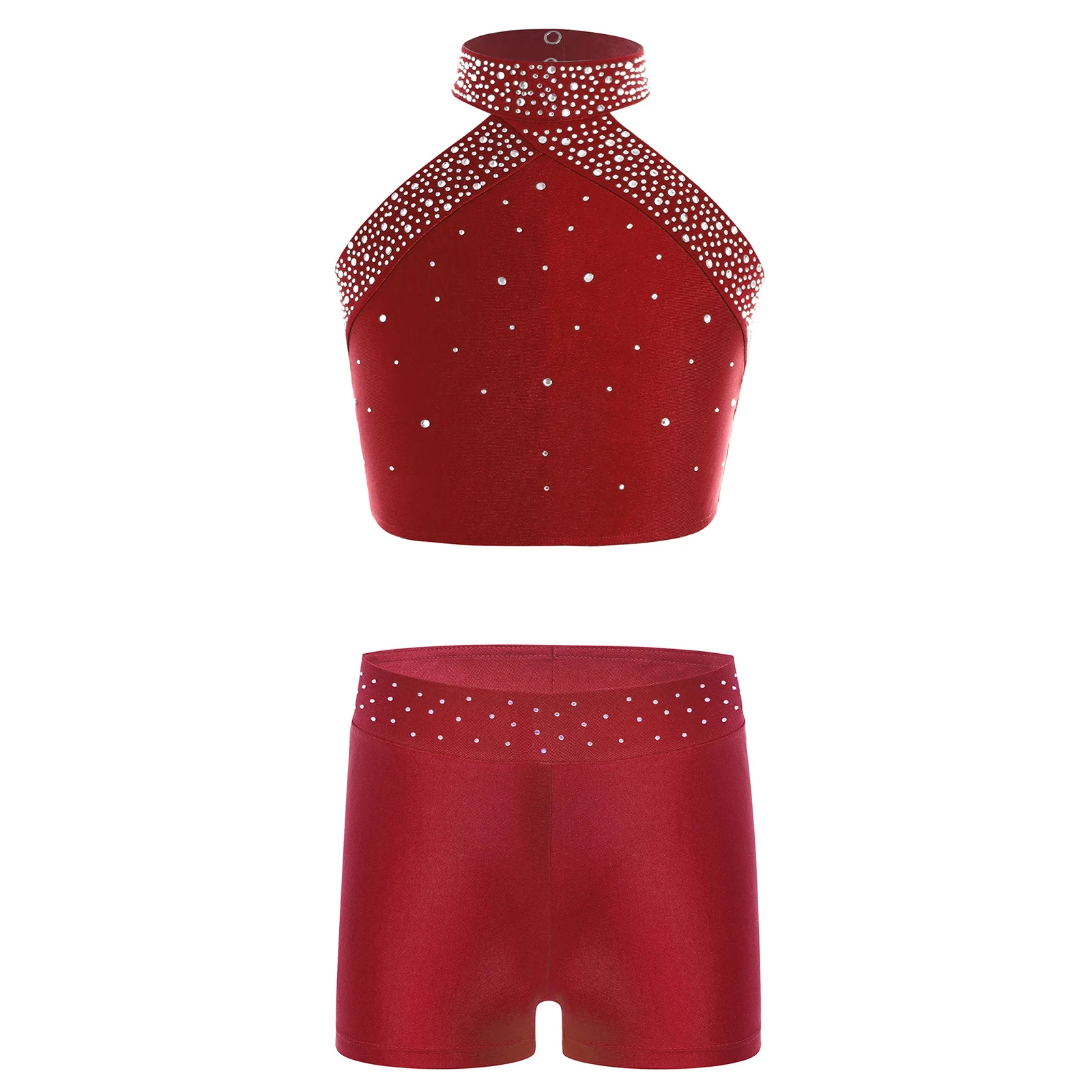 Kids Girls Ballet Dance Outfit Figure Skating Dress Halter Neck Tanks Shiny Rhinestones Shorts Children Gymnastics Dancewear Set