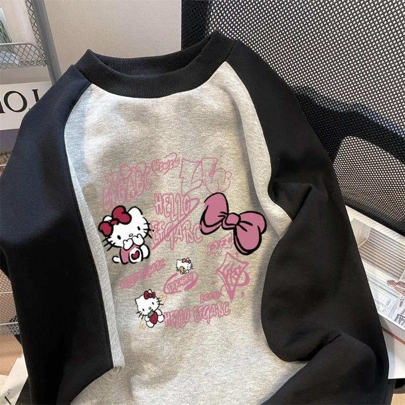 سويت شيرت هالو كيتي من القطن الخالص مطبوع برقبة دائرية للفتيات لخريف وشتاء بالإضافة إلى بلوفر مخملي سميك ودافئ