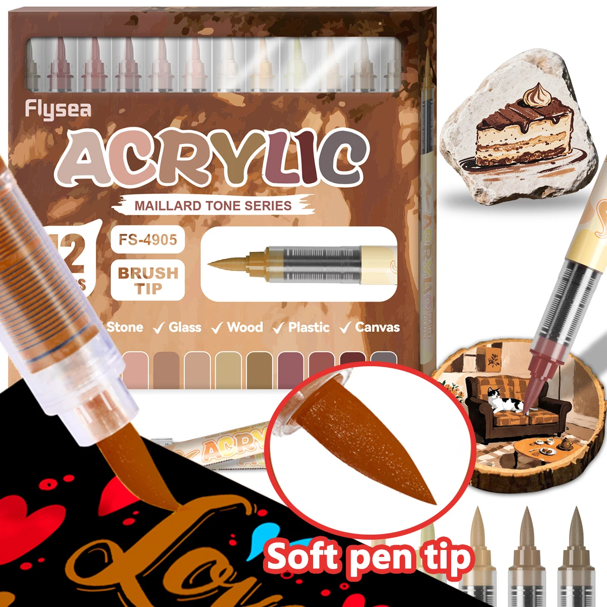 

12Colors Acrylic Paint Markers Brush Tip Direct-Liquid Ink Control System Professional-Grade Paint Pen for Any Surface DIY Craft