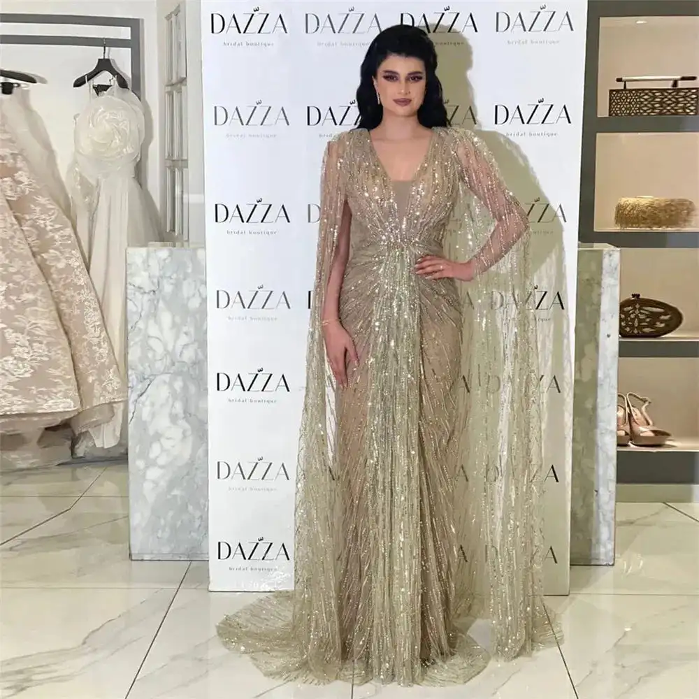 Aenyrst 2026 Customized A-Line V Neck Prom Dresses Long Sleeves Fully Sequins Beaded Luxury Evening Dresses view 3
