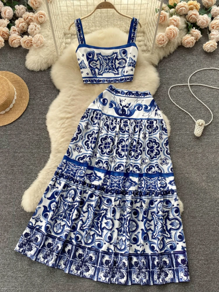 Women Vintage Printed Two Piece Sets Summer Sleeveless Crop Tops and Slim A-line Long Skirts Blue Elegant Floral Suits