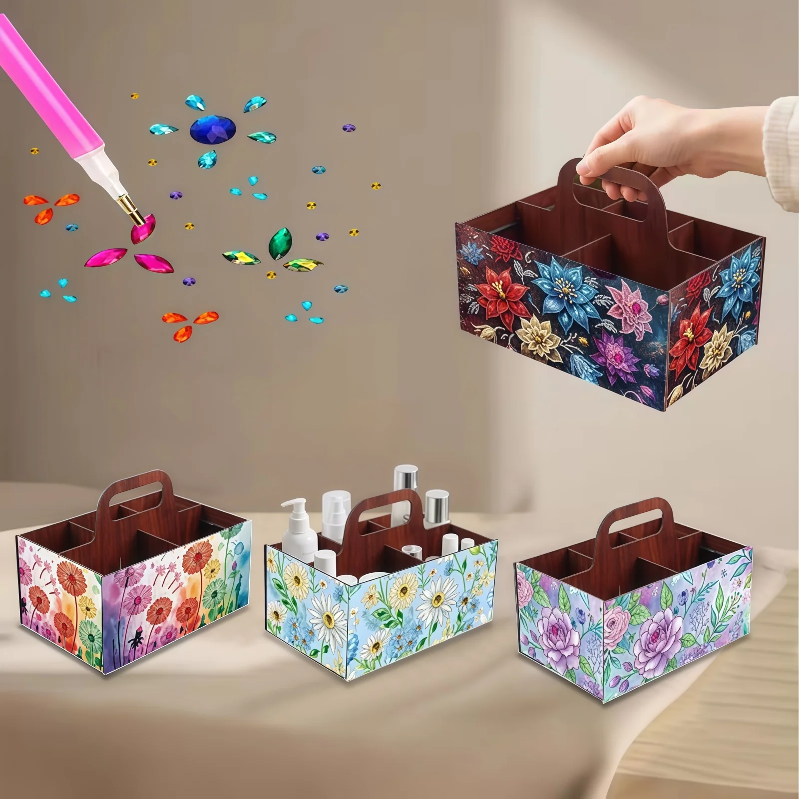 

1 набор алмазной живописи «сделай сам», цветочная тема с алмазными наклейками, декоративная коробка из дерева с мозаикой и ящик для хранения