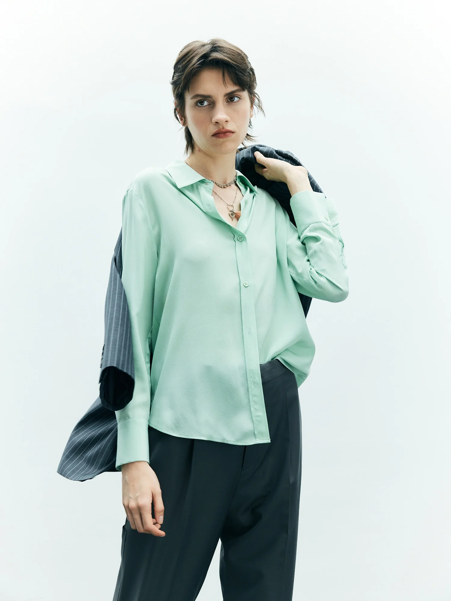 

Изысканная однотонная шелковая блузка с длинным рукавом и воротником, премиум-качество, натуральный шелк, для женщин, для офиса и повседневной носки, в стиле OL