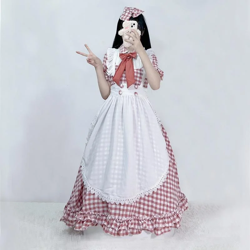 

loween Red White Plaid Lace Maid Dr Lolita Servant Par Performance Costume Women's orm Skirt Sle Outfit