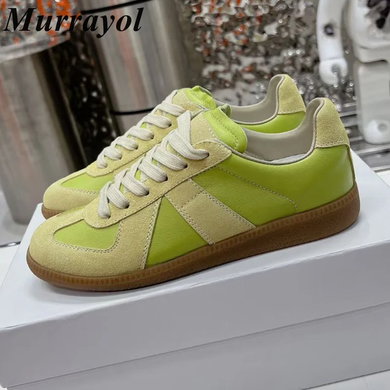 

New Cow Suede Splicing Lace-up Flat Shoes Round Toe Mixed Color Retro Casual Shoes Four Seasons Sneakers Walking Shoes Unisex