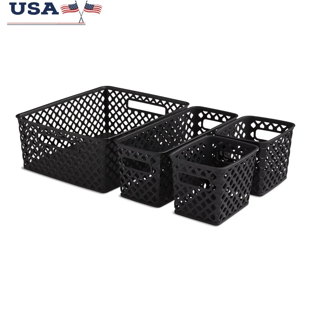 

4 Piece Black Decorative Storage Basket Set Durable Plastic Organization Bins with Cut-Out Handles Versatile Home Storage