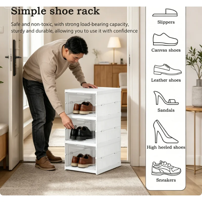

Stackable Dustproof 3 Layers Foldable Sneaker Storage Box Transparent Home Bedroom Cabinet Shoes Organizer Rack