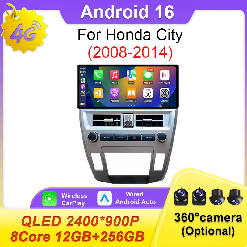 Pantalla ultrafina de 12.3 pulgadas Android 16 para Honda City 2008 - 2014 CarPlay Radio para Auto Multimedia 4G Video GPS Navi Reproductor Auto DSP