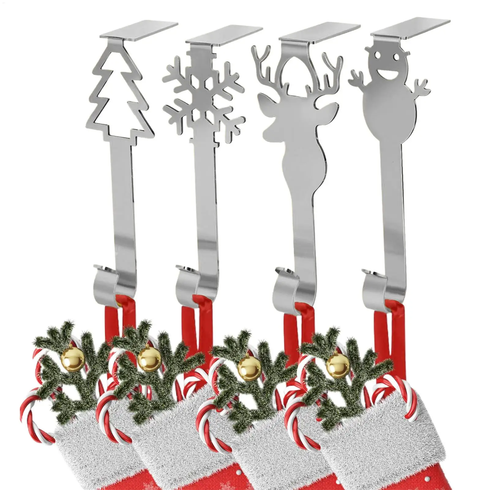 Stocking Hooks For Fireplace 4 Pieces Heavy Duty Non-Slip Christmas Ornaments Clips Mantel Stocking Garland Hanger Decor For