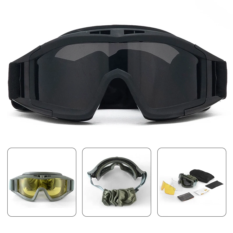 Tactical Goggles Military Shooting Sunglasse Motorcycle Off Road Bike Army Airsoft Paintball Eyewear Dustproof Wind-Proof 3 Lens