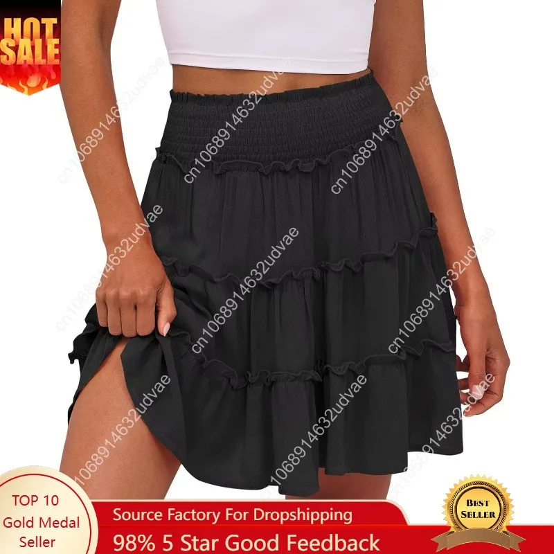 Caracilia Damen Sommer fließende Miniröcke, hohe Taille, Rüschen, gestuft, lässig, niedlich, Boho-Strand, kurze Röcke, integrierte Shorts