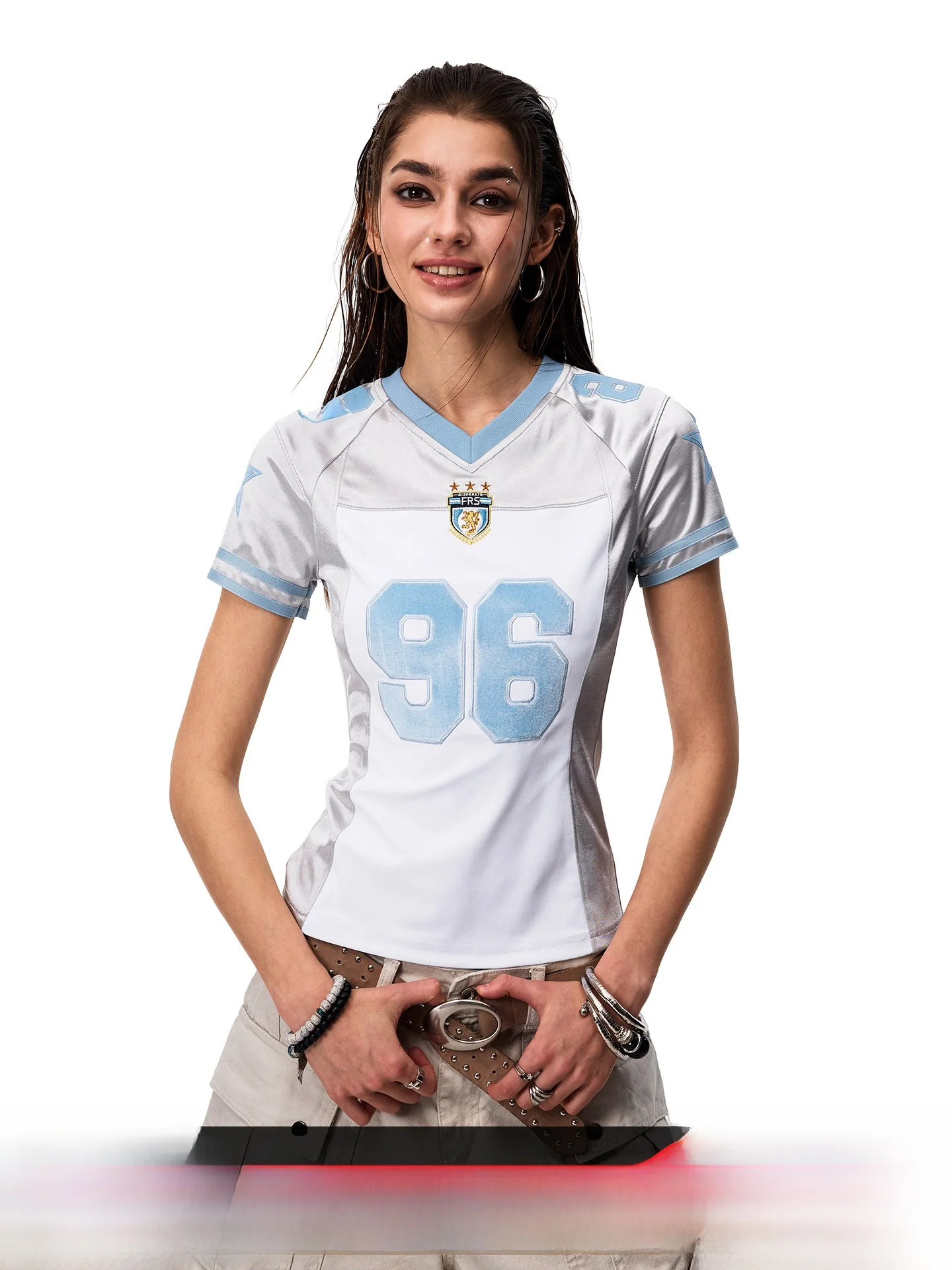 

Slim Fit American Style V-Neck Short Sleeve T-Shirt for Women Retro Color Block Trendy Hot Girl Shoulder Appropriate Top