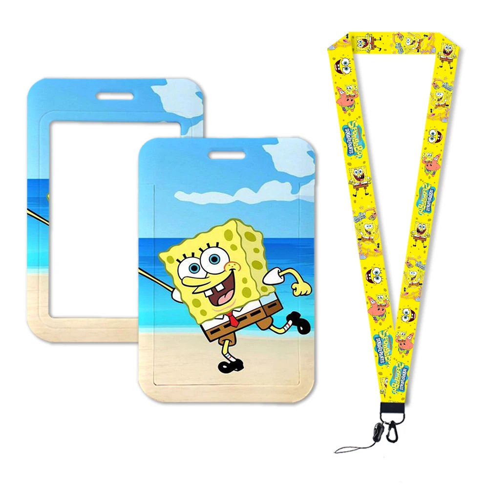 Kartun SpongeBob lucu Lanyard tempat kartu pelajar gantung leher telepon Lanyard lencana Aksesori pemegang kartu akses kereta bawah tanah