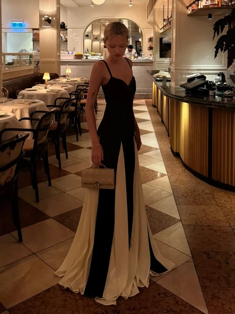 أزياء التباين المرقعة مطوي فستان بكتافة أنيقة عارية الذراعين أكمام المرأة عالية الخصر Vestdio سيدة جديدة سليم صالح حزب ثوب
